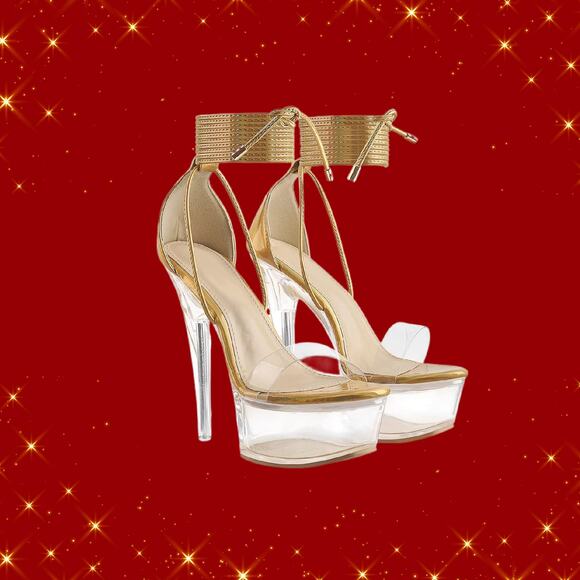 Ladies Size 7 Holographic Gold Ankle Wrap Strap Platform Stilettos - Picture 2 of 6